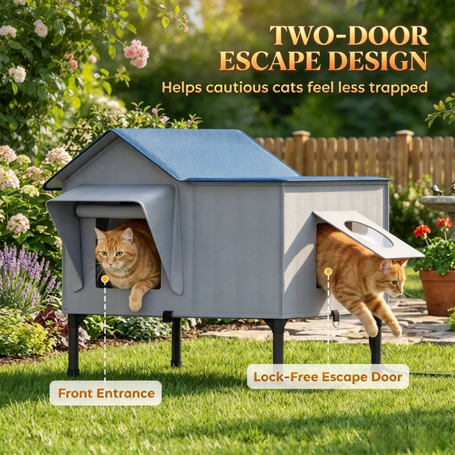 Alt view image 7 of 7 - Weatherproof Heated Outdoor Cat with Heating Pad, Elevated Base and Safety Escape Door for Stray and Barn Cats, Light