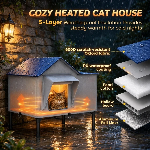 Alt view image 4 of 7 - Weatherproof Heated Outdoor Cat with Heating Pad, Elevated Base and Safety Escape Door for Stray and Barn Cats, Light