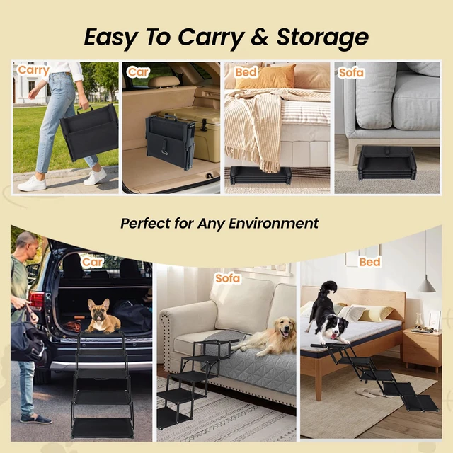 Alt view image 4 of 7 - Extra Wide Foldable Dog Stairs, Pet Ramp with Non Slip Surface and Soft Foam Handle Dogs Stairs for Cars High Beds