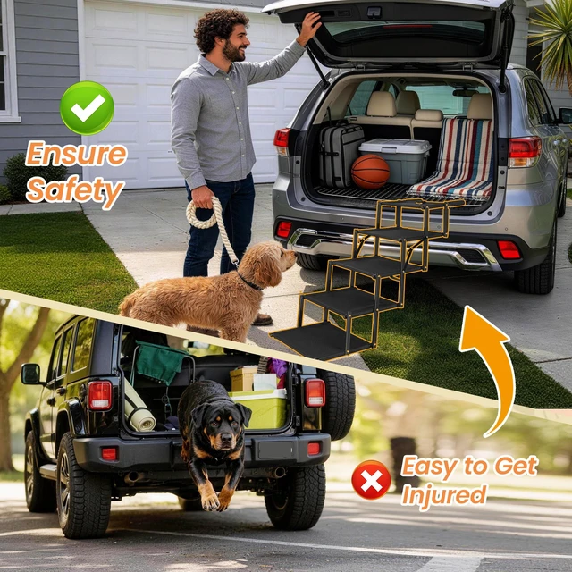 Alt view image 2 of 7 - Extra Wide Foldable Dog Stairs, Pet Ramp with Non Slip Surface and Soft Foam Handle Dogs Stairs for Cars High Beds