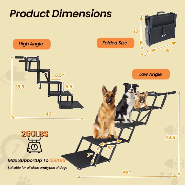 Alt view image 5 of 7 - Extra Wide Foldable Dog Stairs, Pet Ramp with Non Slip Surface and Soft Foam Handle Dogs Stairs for Cars High Beds