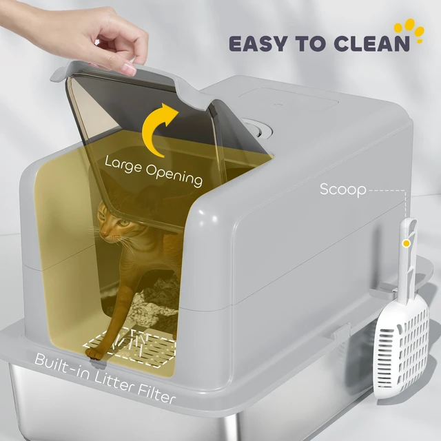 Alt view image 5 of 7 - Paw Hut Stainless Steel Cat Litter Box, Extra Large 2 in Metal Kitty Litter Pan with Removable Lid and Scoop Filter
