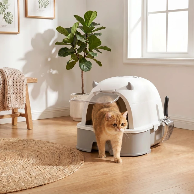 Alt view image 2 of 7 - Paw Hut Stainless Steel Cat Litter Box, Large Hooded Kitty Litter Box with Removable Lid Scoop and Carbon Filters