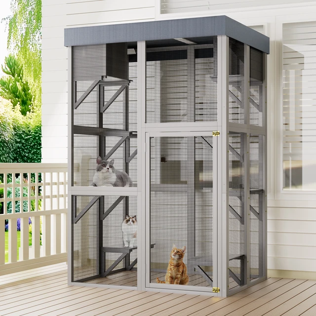 Alt view image 6 of 7 - 70.5 Tall Wooden Catio Indoor Cat Enclosure, Cat Large Solid Cage Playpen with Jumping Platforms and Napping Houses