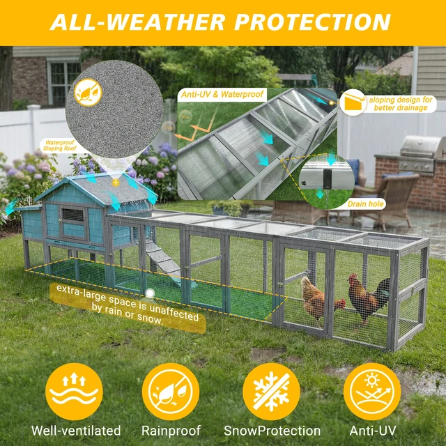 Alt view image 3 of 7 - 141large Wooden Chicken Coop, 21.2ft² Outdoor Hen with Nesting Box Wire Fence Waterproof and Anti Panel Poultry Cage