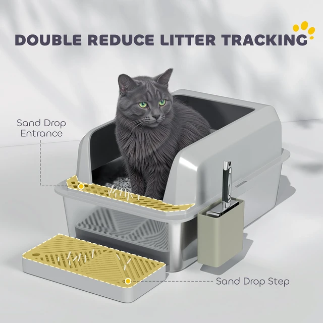 Alt view image 4 of 7 - Paw Hut Stainless Steel Litter Box, Metal Litter Box High Sided Anti Urine Leakage Non Sticky Cat Pan with Metal Scoop