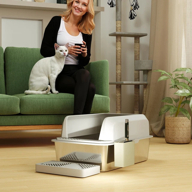 Alt view image 2 of 7 - Paw Hut Stainless Steel Litter Box, Metal Litter Box High Sided Anti Urine Leakage Non Sticky Cat Pan with Metal Scoop