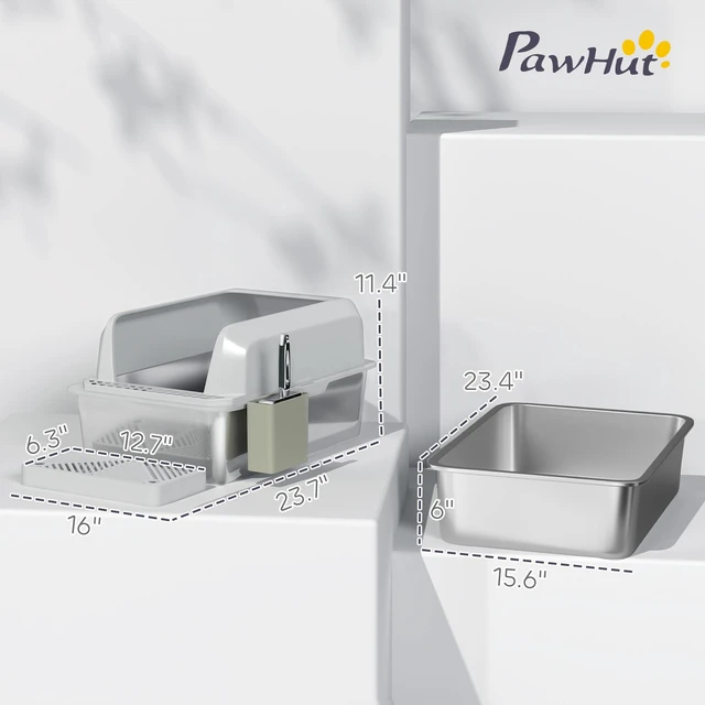 Alt view image 7 of 7 - Paw Hut Stainless Steel Litter Box, Metal Litter Box High Sided Anti Urine Leakage Non Sticky Cat Pan with Metal Scoop