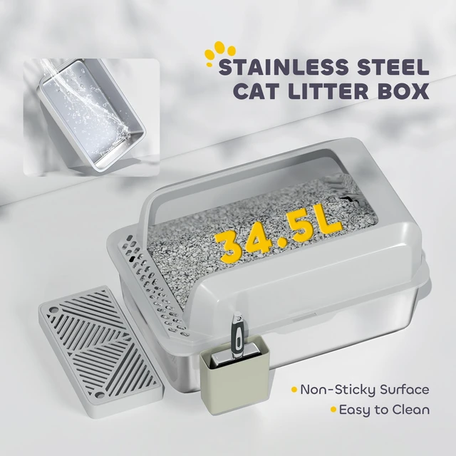 Alt view image 5 of 7 - Paw Hut Stainless Steel Litter Box, Metal Litter Box High Sided Anti Urine Leakage Non Sticky Cat Pan with Metal Scoop