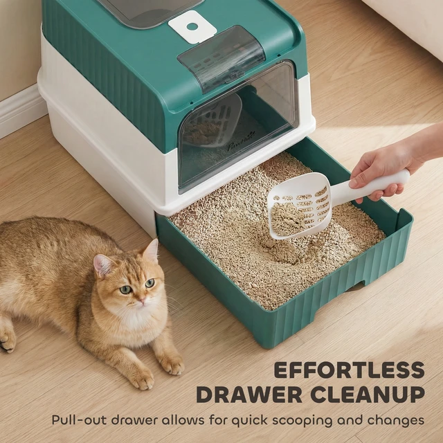 Alt view image 5 of 7 - Paw Hut Cat Litter Box with Lid, Hooded Cat Litter Box with Pull-Out Drawer Tray Scoop Front Entry and Top Exit