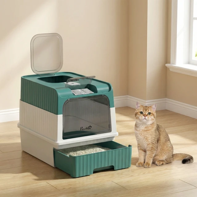 Alt view image 2 of 7 - Paw Hut Cat Litter Box with Lid, Hooded Cat Litter Box with Pull-Out Drawer Tray Scoop Front Entry and Top Exit