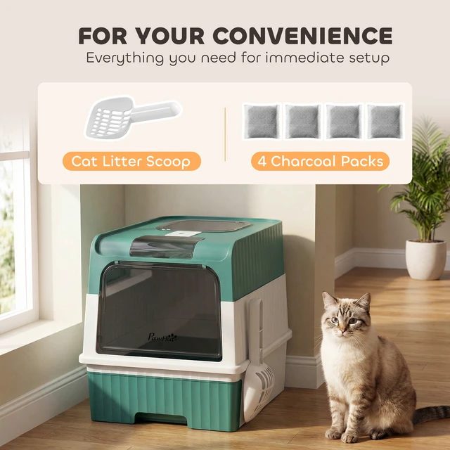 Alt view image 3 of 7 - Paw Hut Cat Litter Box with Lid, Hooded Cat Litter Box with Pull-Out Drawer Tray Scoop Front Entry and Top Exit