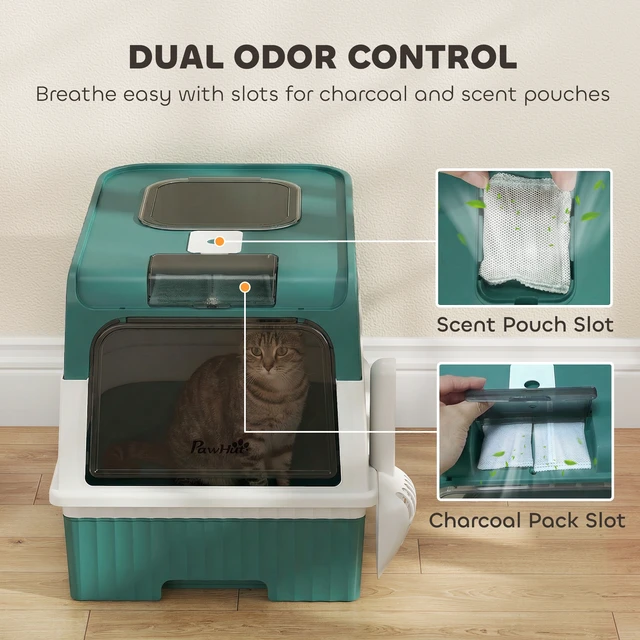 Alt view image 4 of 7 - Paw Hut Cat Litter Box with Lid, Hooded Cat Litter Box with Pull-Out Drawer Tray Scoop Front Entry and Top Exit