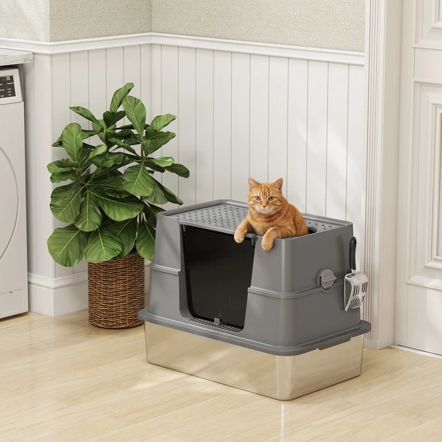 Alt view image 2 of 7 - Paw Hut Stainless Steel Litter Box with Lid, Extra Large Top and Side Entry Enclosed Litter Box for Big Cats with 100°