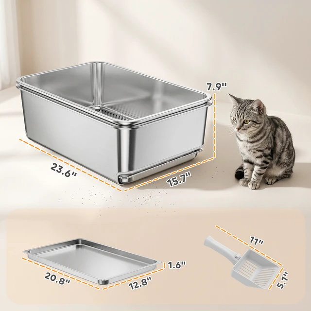 Alt view image 7 of 7 - Paw Hut Stainless Steel Sifting Cat Litter Box for Pellets and Big Cats, Inchx 7.9 Inch Litter Box with Sifting
