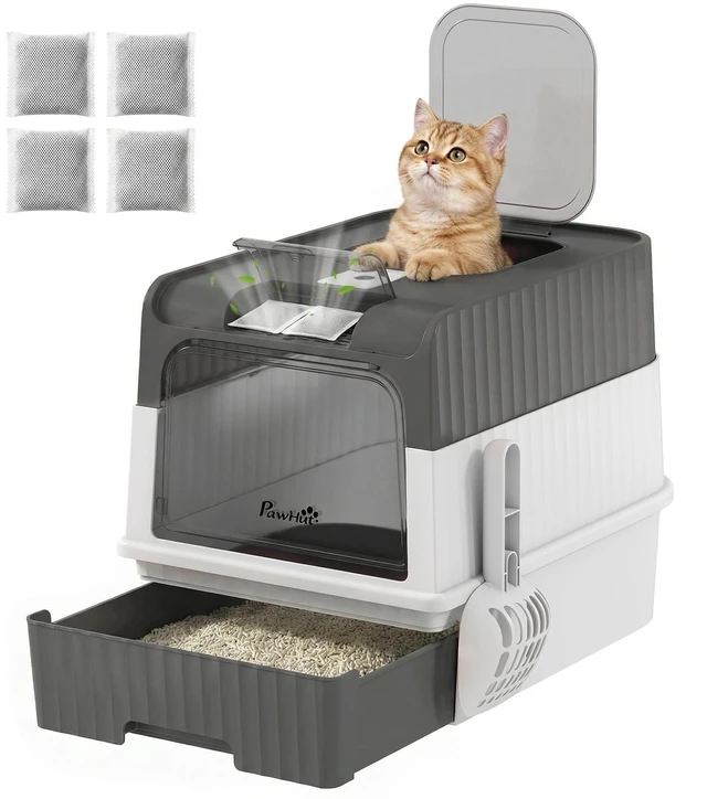 Main image of Paw Hut Cat Litter Box with Lid, Hooded Cat Litter Box with Pull-Out Drawer Tray Scoop Front Entry and Top Exit