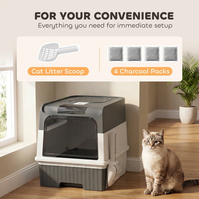 Alt view image 3 of 7 - Paw Hut Cat Litter Box with Lid, Hooded Cat Litter Box with Pull-Out Drawer Tray Scoop Front Entry and Top Exit