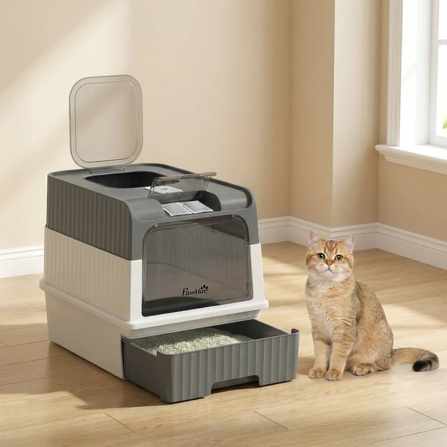 Alt view image 2 of 7 - Paw Hut Cat Litter Box with Lid, Hooded Cat Litter Box with Pull-Out Drawer Tray Scoop Front Entry and Top Exit