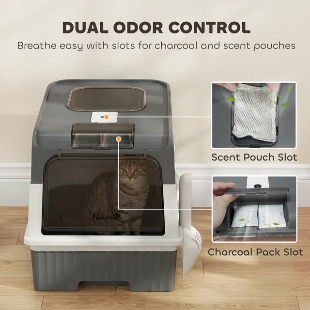 Alt view image 4 of 7 - Paw Hut Cat Litter Box with Lid, Hooded Cat Litter Box with Pull-Out Drawer Tray Scoop Front Entry and Top Exit