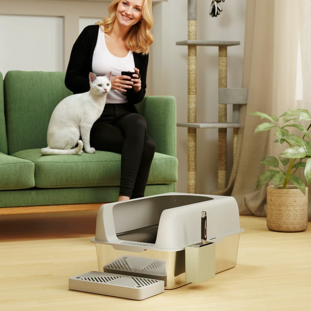 Alt view image 2 of 7 - Paw Hut Stainless Steel Litter Box, Easy Clean Metal Litter Box with High Sided for Anti Urine Leakage Cat Pan