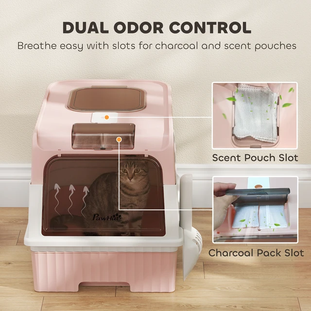 Alt view image 4 of 7 - Paw Hut Cat Litter Box with Lid, Hooded Cat Litter Box with Pull-Out Drawer Tray Scoop Front Entry and Top Exit