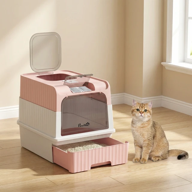 Alt view image 2 of 7 - Paw Hut Cat Litter Box with Lid, Hooded Cat Litter Box with Pull-Out Drawer Tray Scoop Front Entry and Top Exit