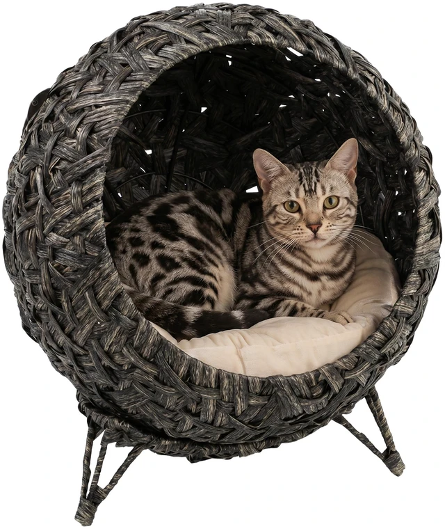 Main image of Paw Hut Rattan Cat Bed, Elevated Handwoven Cat Basket Bed with Soft Cushion and Metal Base Indoor Kitty Furniture