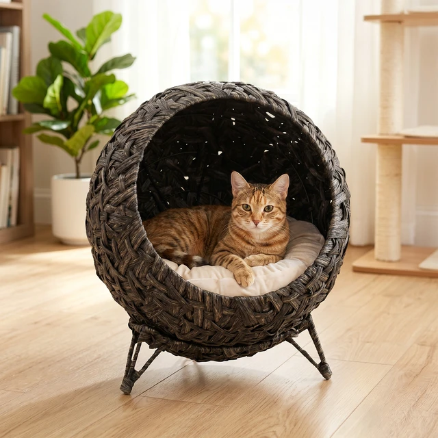 Alt view image 2 of 7 - Paw Hut Rattan Cat Bed, Elevated Handwoven Cat Basket Bed with Soft Cushion and Metal Base Indoor Kitty Furniture