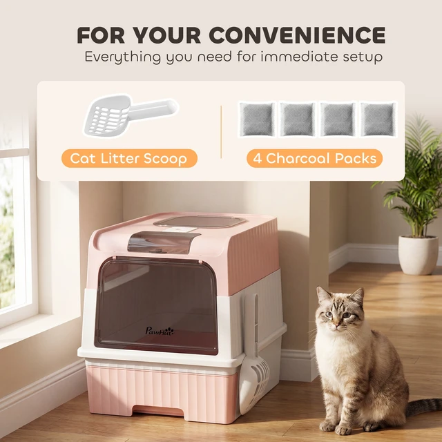 Alt view image 3 of 7 - Paw Hut Cat Litter Box with Lid, Hooded Cat Litter Box with Pull-Out Drawer Tray Scoop Front Entry and Top Exit