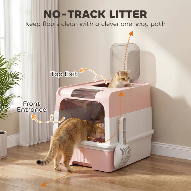 Alt view image 6 of 7 - Paw Hut Cat Litter Box with Lid, Hooded Cat Litter Box with Pull-Out Drawer Tray Scoop Front Entry and Top Exit