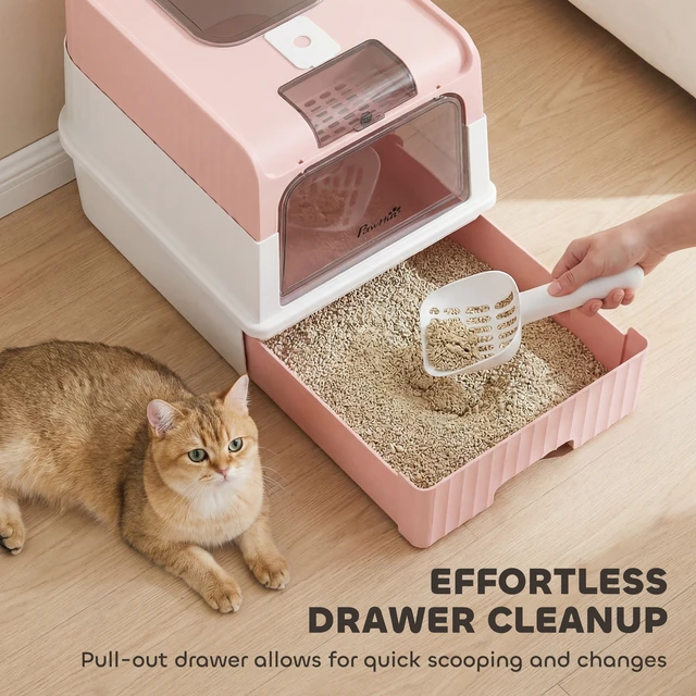 Alt view image 5 of 7 - Paw Hut Cat Litter Box with Lid, Hooded Cat Litter Box with Pull-Out Drawer Tray Scoop Front Entry and Top Exit