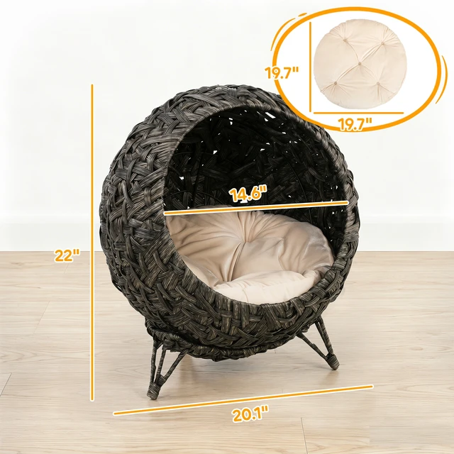 Alt view image 7 of 7 - Paw Hut Rattan Cat Bed, Elevated Handwoven Cat Basket Bed with Soft Cushion and Metal Base Indoor Kitty Furniture