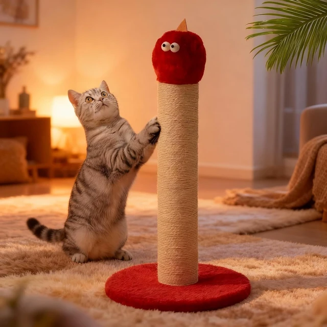 Alt view image 7 of 7 - Indoor Cat Scratching Post 22 in Tall Cat Scratcher with Sisal Rope, Monster Design Kitty Pet Tower with Wood Base Gift