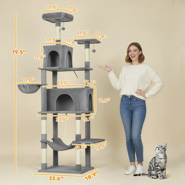 Alt view image 7 of 7 - Paw Hut Cat Tree, 80 Inch Large Cat Tower for Indoor Kittens with Spacious Condos Sisal Scratching Posts Hanging Balls