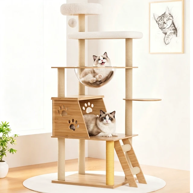 Alt view image 2 of 7 - 53.5 Inch Cat Tree Tower, Level Cat Condo with Capsule Perch Sisal Scratching Posts and Climbing Ladder Indoor Activity