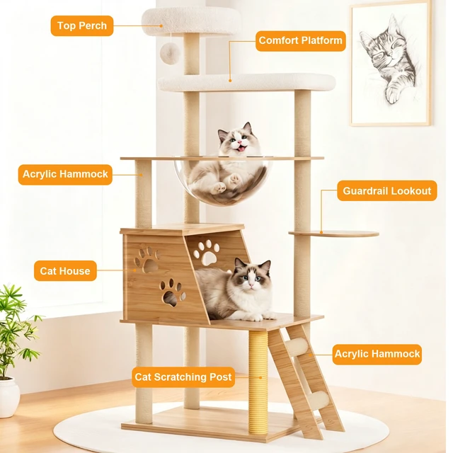 Alt view image 3 of 7 - 53.5 Inch Cat Tree Tower, Level Cat Condo with Capsule Perch Sisal Scratching Posts and Climbing Ladder Indoor Activity