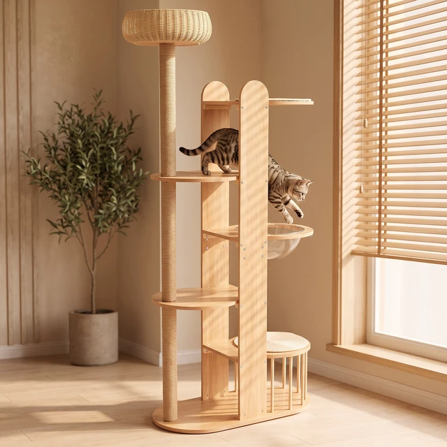 Alt view image 3 of 7 - Level Cat Tree Tower, 70.8 Inch Tall Cat Activity Tree with Sisal Scratching Post Space Capsule Woven Top Bed
