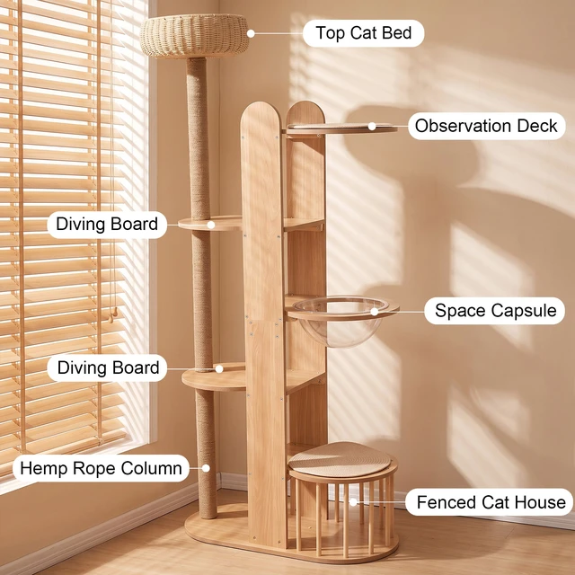 Alt view image 4 of 7 - Level Cat Tree Tower, 70.8 Inch Tall Cat Activity Tree with Sisal Scratching Post Space Capsule Woven Top Bed