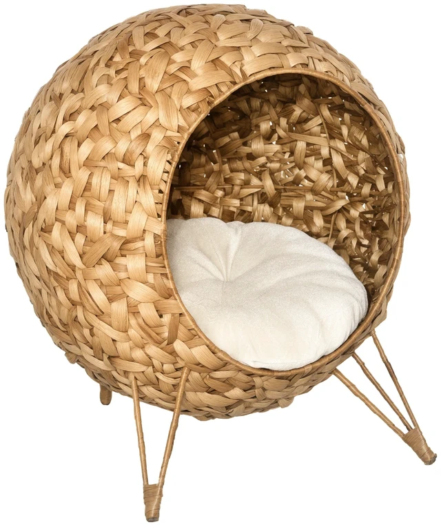 Main image of Paw Hut 20.5 Inch Weaved Cat Bed, Elevated Hand Woven Braided Banana Leaf Kitten Condo with Cushion, Natural Wood Wash