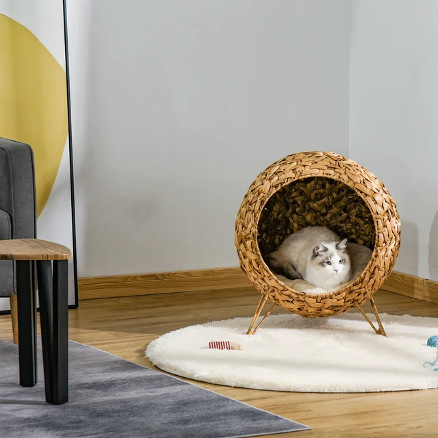 Alt view image 3 of 7 - Paw Hut 20.5 Inch Weaved Cat Bed, Elevated Hand Woven Braided Banana Leaf Kitten Condo with Cushion, Natural Wood Wash