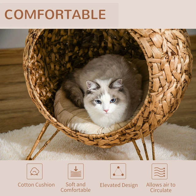 Alt view image 4 of 7 - Paw Hut 20.5 Inch Weaved Cat Bed, Elevated Hand Woven Braided Banana Leaf Kitten Condo with Cushion, Natural Wood Wash