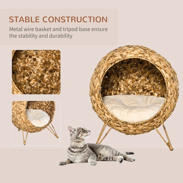 Alt view image 6 of 7 - Paw Hut 20.5 Inch Weaved Cat Bed, Elevated Hand Woven Braided Banana Leaf Kitten Condo with Cushion, Natural Wood Wash