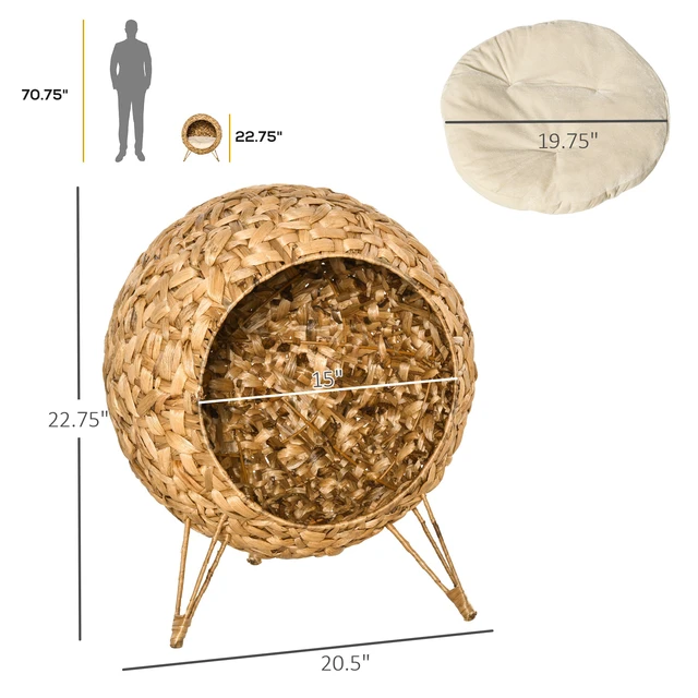 Alt view image 7 of 7 - Paw Hut 20.5 Inch Weaved Cat Bed, Elevated Hand Woven Braided Banana Leaf Kitten Condo with Cushion, Natural Wood Wash