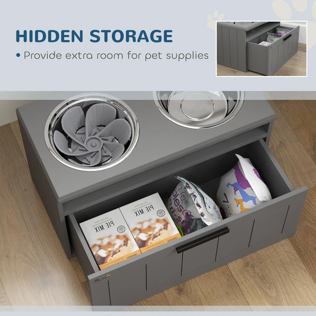 Alt view image 5 of 7 - Paw Hut Elevated Dog Bowls, Raised Dogs Bowl Stand with Stainless Steel Storage Drawer and Slow Feeder Mat Dog Feeding