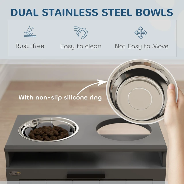 Alt view image 4 of 7 - Paw Hut Elevated Dog Bowls, Raised Dogs Bowl Stand with Stainless Steel Storage Drawer and Slow Feeder Mat Dog Feeding