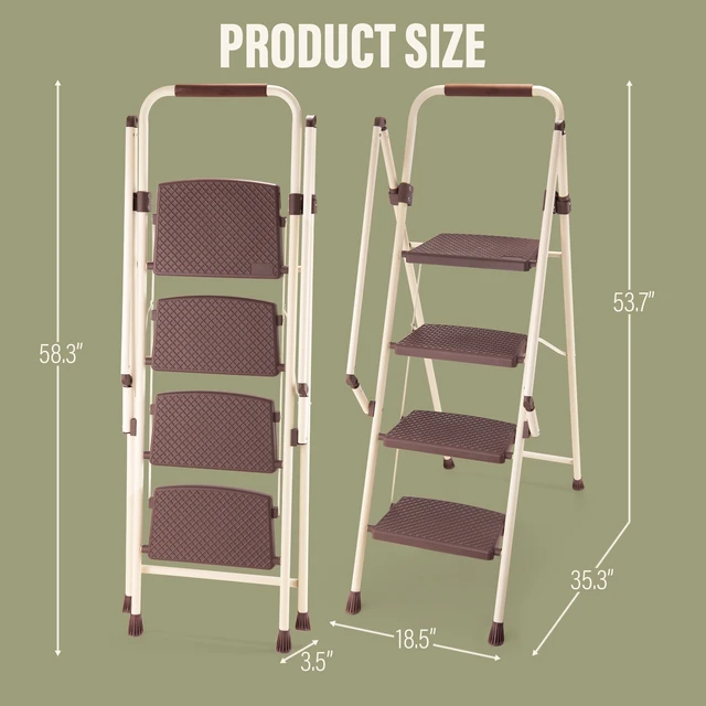 Alt view image 2 of 7 - 4step Ladder, Folding Step Stool with Wide Anti Slip Pedal Steel Ladder Convenient Handrail Lightweight Portable Steel