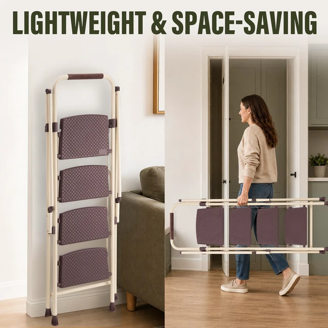 Alt view image 5 of 7 - 4step Ladder, Folding Step Stool with Wide Anti Slip Pedal Steel Ladder Convenient Handrail Lightweight Portable Steel