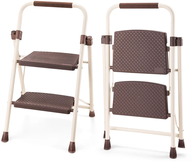 Main image of 2step Ladder with Handrails, 330 LBS Folding Step Stool with Anti Slip Wide Pedal for Kitchen Pantry, Apricot, ABS