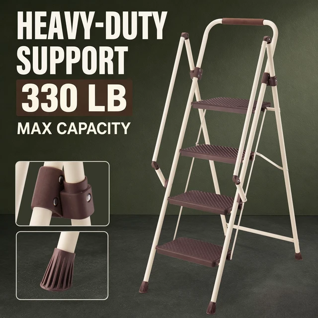 Alt view image 7 of 7 - 4step Ladder, Folding Step Stool with Wide Anti Slip Pedal Steel Ladder Convenient Handrail Lightweight Portable Steel