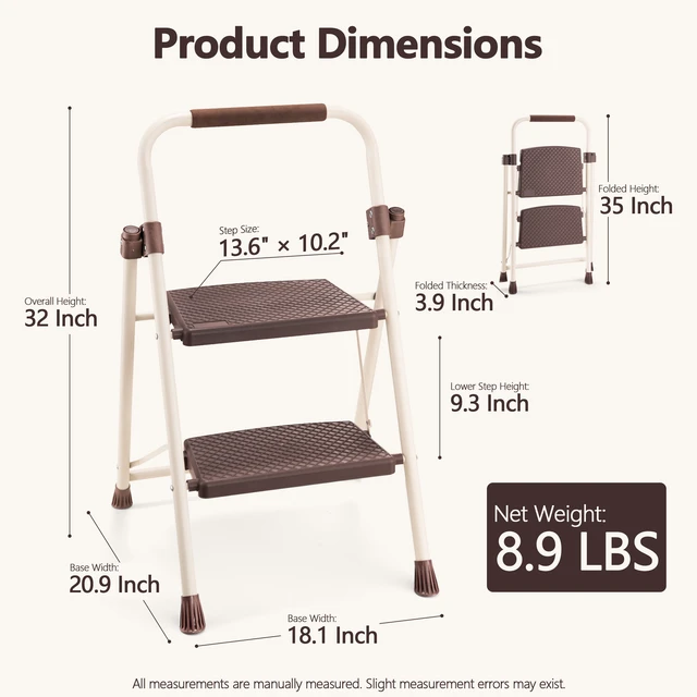 Alt view image 3 of 7 - 2step Ladder with Handrails, 330 LBS Folding Step Stool with Anti Slip Wide Pedal for Kitchen Pantry, Apricot, ABS